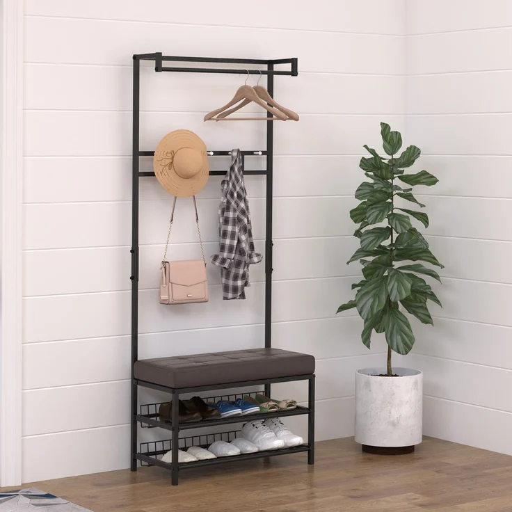 Faumrta Garderobenständer mit Bank Kleiderständer Schuhregal Metall 2 Schuhablagen Sitzfläche 72,5x35x180cm für Flur & Eingangsbereich725CM*35CM*180CMSchwarzMetall – Bild 2