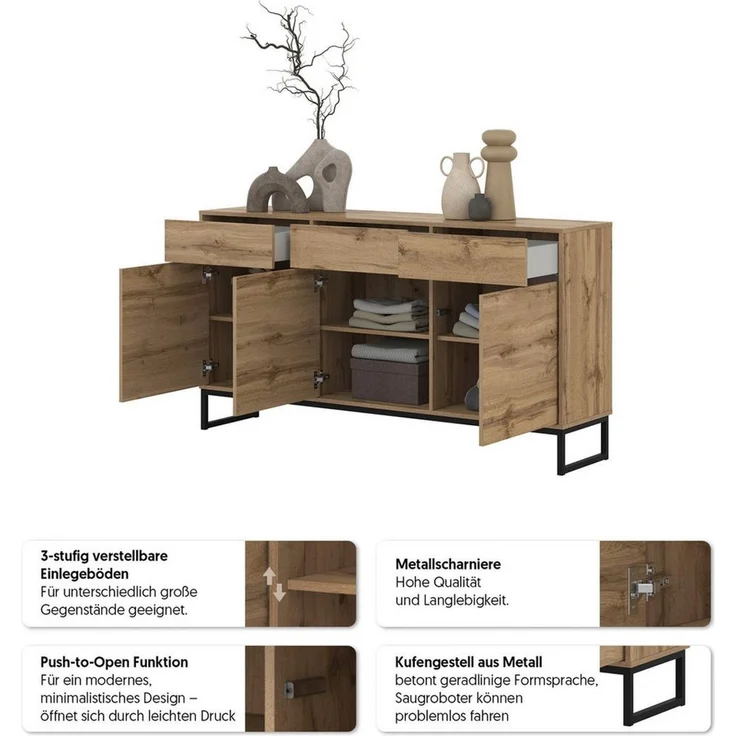 OTTO home Sideboard Loft, Breite 157 cm, grifflose Kommode 3 Türen/3 Schubkästen, Schubladenschrank mit viel Stauraum, Einlegeböden verstellbar – Bild 4