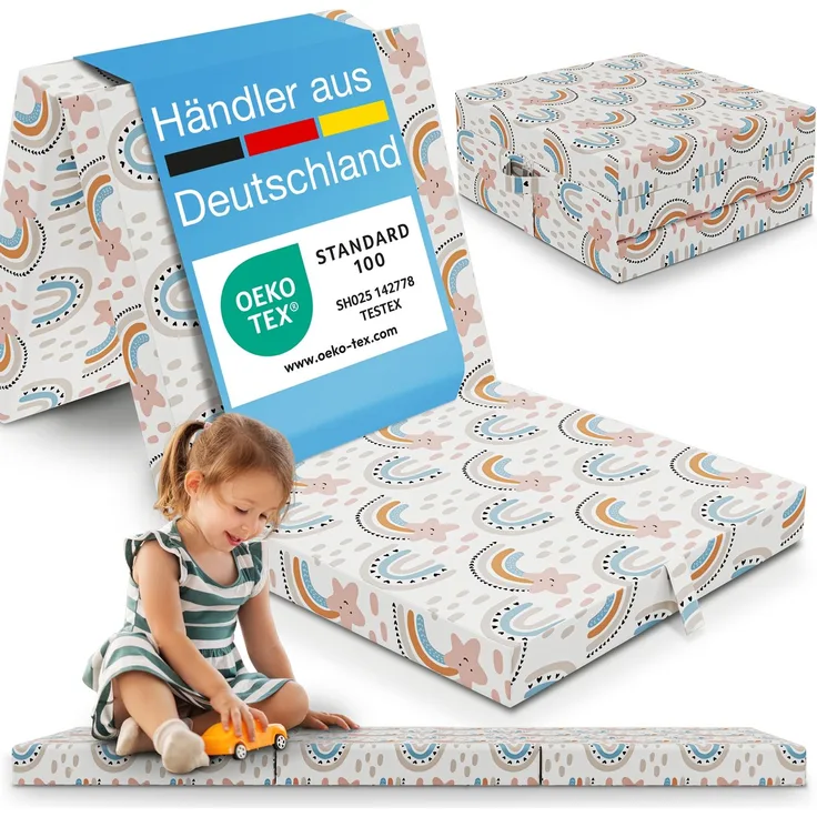 Klappmatratze Faltbare Kinder- & Erwachsenen-Reisematratze für Camping und Reisen, ELONEO, 9 cm hoch, verschied. Motive, inkl. Griff & Halteband