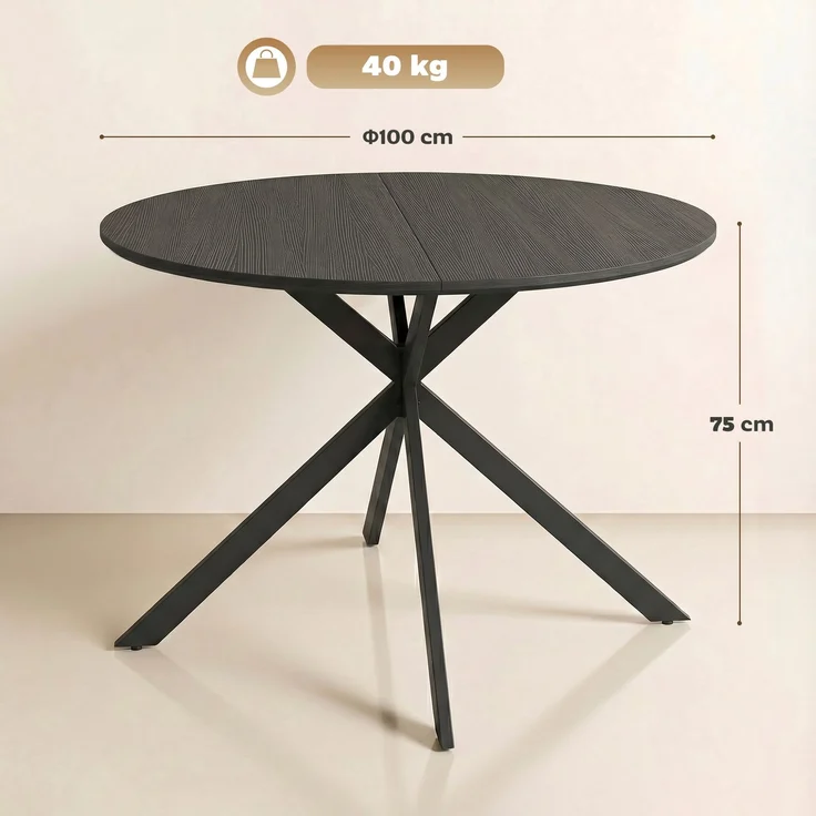 Runder Esstisch für 4 Personen, Küchentisch im Industriestil mit Stahlbeinen, für Esszimmer, Küche, Schwarz--Schwarz--75x100x100cm--CHENHAONING – Bild 5