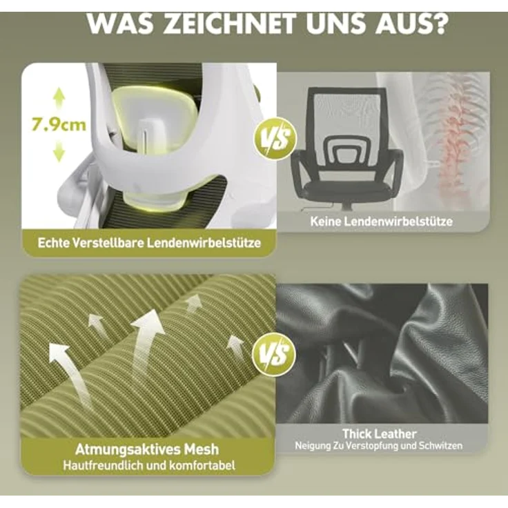 COLAMY Bürostuhl Mesh Computerstuhl, Bürostuhl Ergonomisch, Arbeitsstuhl mit Verstellbarer Kopfstütze und Lendenwirbelstütze, Schreibtisch Stuhl mit hochklappbarer Armlehne, 140° Wippfunktion, Grün – Bild 8