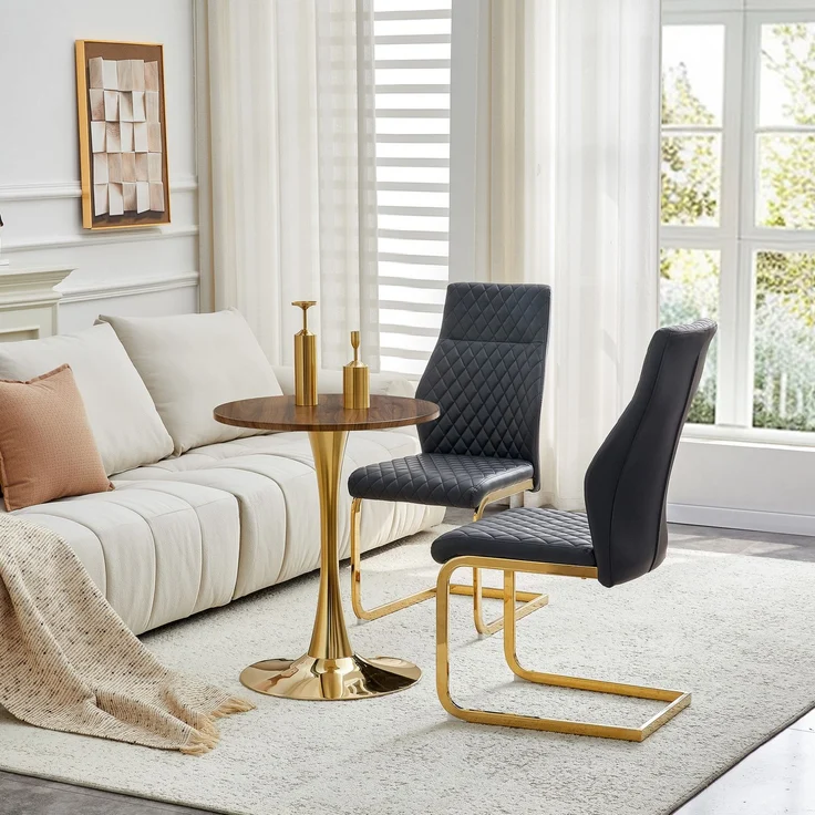 Couchtisch- und Stuhlset 60 cm – runder MDF-Tisch in Walnuss-Optik mit 2 schwarzen Stühlen, Metallgestell – Bild 3