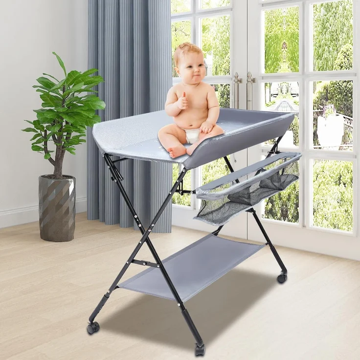 QIERF Klappbarer Wickeltisch Baby Wickelkommode Mobiler Wickelregal Höhenverstellbar, 25kg Tragfähigkeit für 0-12 Monate, Wechseln von Windeln, Wechselkleidung, Lagerung, Grau – Bild 4