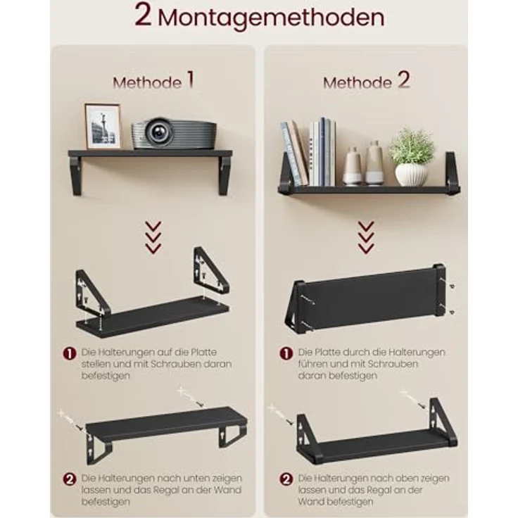VASAGLE Wandregal, Schweberegal, 3er Set, Regalbrett, 2 Montagemöglichkeiten, Regal zur Präsentation, für Wohnzimmer, Küche, Arbeitszimmer, Badezimmer, tintenschwarz-Mattschwarz LWS033B10 – Bild 8