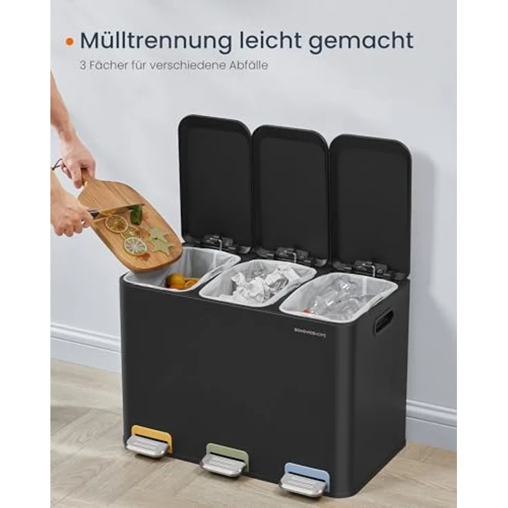 SONGMICS HOME Mülleimer Küche, 3x15 L Fächer, Abfalleimer mit farbcodierbaren Pedalen, Mülltrennsystem, mit Deckeln und Inneneimern, Stahl, tintenschwarz LTB740B02V1 – Bild 4