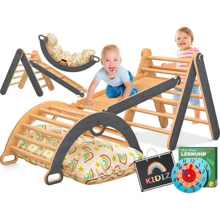 KIDIZ® Klettergerüst Montessori 7in1 Spiel-Set mit Kletterbogen Rutsche Kletterdreieck aus Holz inklusive Kissen, Tafel & Lern-Uhr | Indoor Spielplatz für Kleinkinder ab 1 Jahr & Kinder bis 3 Jahre Anthrazit / Hellbraun