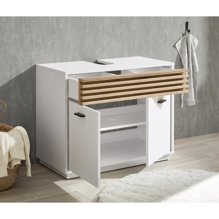 Badezimmer-Set >Liguria< (2-tlg.) in Weiß / Evoke Eiche Dekor - 80x191x40 (BxHxT) – Bild 4