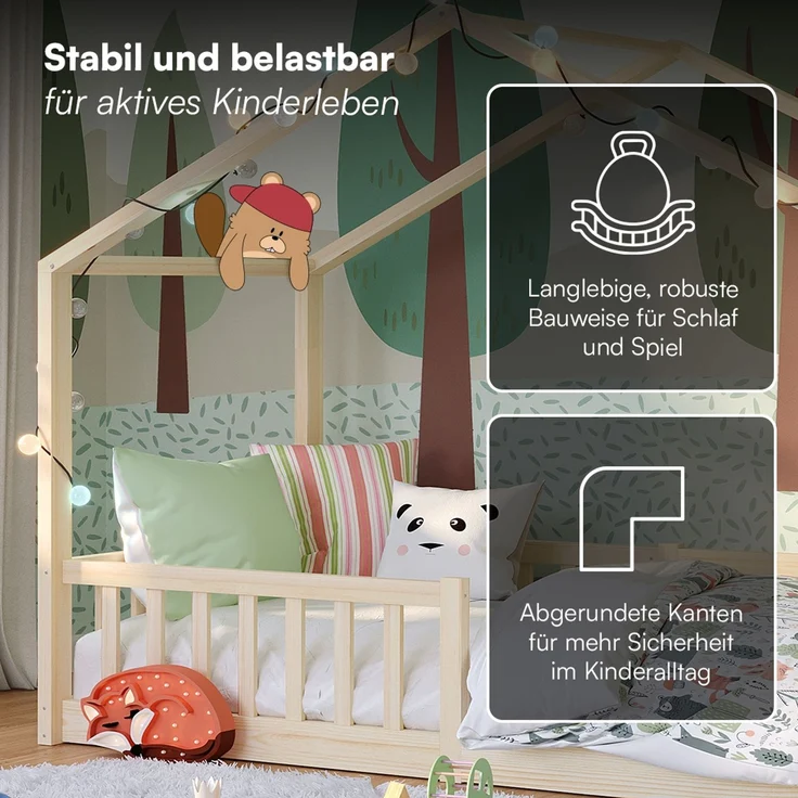 Bellabino 'Bia' Hausbett 90x200 cm, natur, Kiefer Massivholz, Bodenbett in Hausoptik, Montessori Kinderbett mit Rausfallschutz und Lattenrost – Bild 7