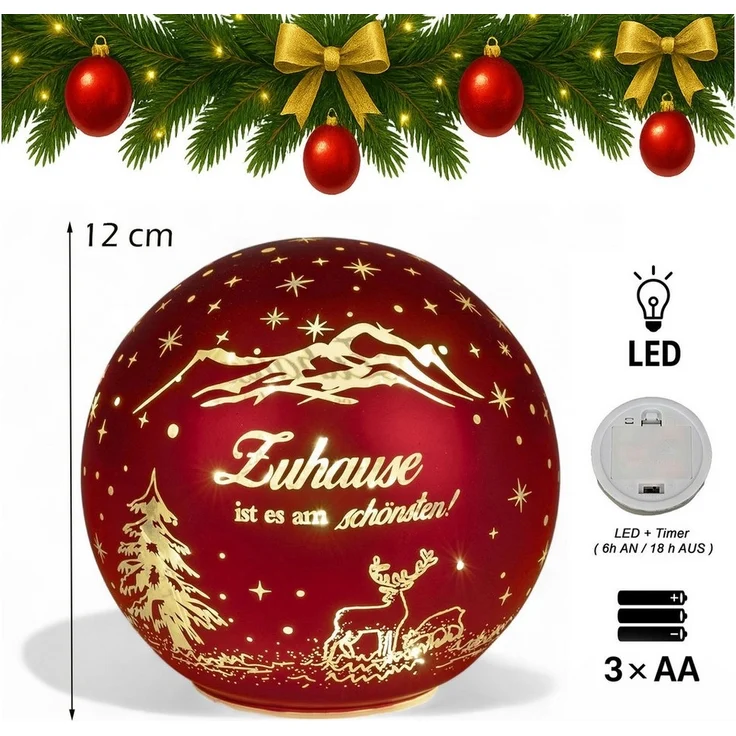formano LED Deko-Kugel 12cm Rot mit Spruch Zuhause ist es am Schönsten Glaskugel aus mattem Farbglas und goldener Innenfarbe - Herbst Winter Weihnachtsdeko für Tisch Regal Fensterbank – Bild 2