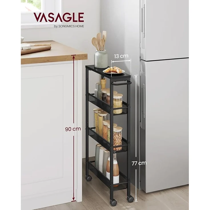 VASAGLE Rollwagen 4 Ebenen, Küchenwagen schmal, Nischenregal, Küchenregal auf Rollen, Stahlgestell, Griff, für kleine Räume, Küche, Bad, Wohnzimmer, Arbeitszimmer – Bild 2