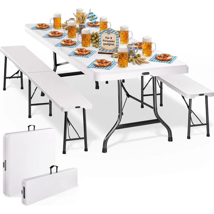 Casaria 'Malmö' Bierzeltgarnitur, 3-teilig, klappbar, Kunststoff weiß, 183 x 76 x 74 cm – Bild 1