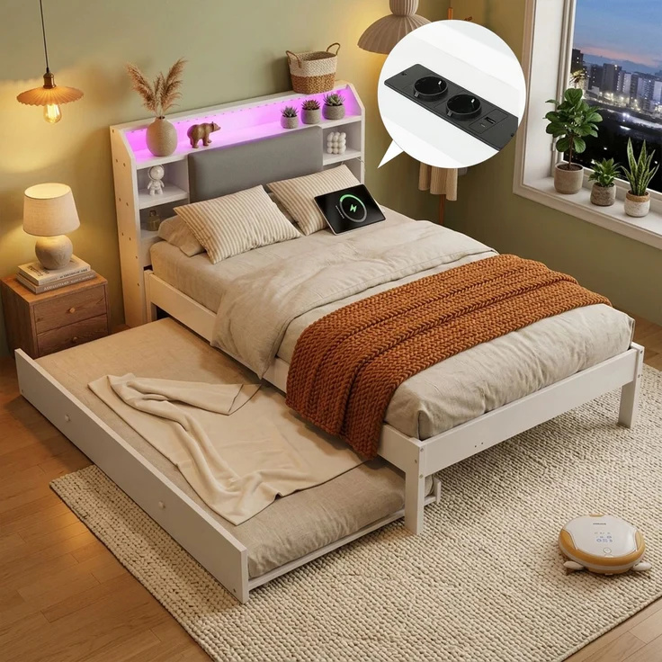 EINHOM Holzbett 120 × 200 cm mit Ausziehbett 90 × 190 cm, weißes Funktionsbett mit gepolstertem Kopfteil, LED-Lichtleiste, Kopfteilregal und Ladestation, Ausziehbett links/rechts montierbar (Ohne Matratze) – Bild 1