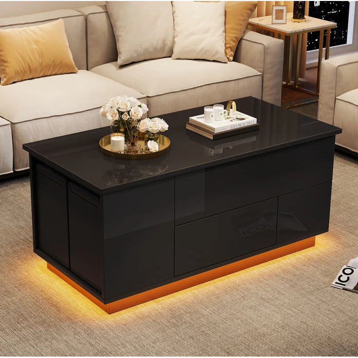Couchtisch aus Spanplatte mit Hubfunktion, LED, Stauraum & 2 Hockern, 100x50x45 cm, Schwarz – Bild 3