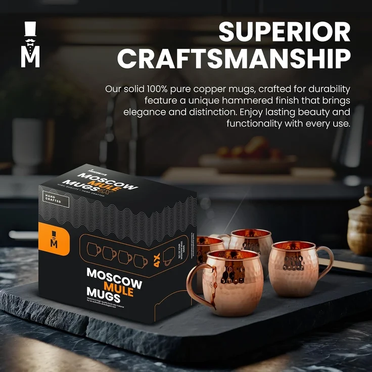 Moscow Mule Kupferbecher mit 4 Trinkhalmen und Schnapsglas Set von 4 handgefertigten, lebensmittelechten, reinen Kupferbechern Bonus Schnapsglas und 4 Kupfer Trinkhalme attraktive Box – Bild 2