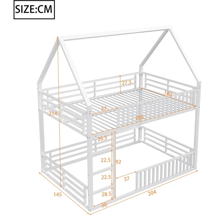 U-life Haus-Etagenbett 140x200 cm mit Sicherheitszaun, LED-Beleuchtung und 2 Lattenrosten, Weiß – Bild 10