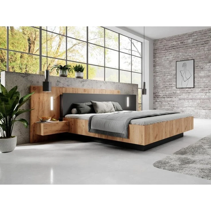 Vente-unique - FRANCOLI Bett Holz, Platte GrauBeige - B 218,2 cm x H 102 cm x L 264,4 cm – Bild 2