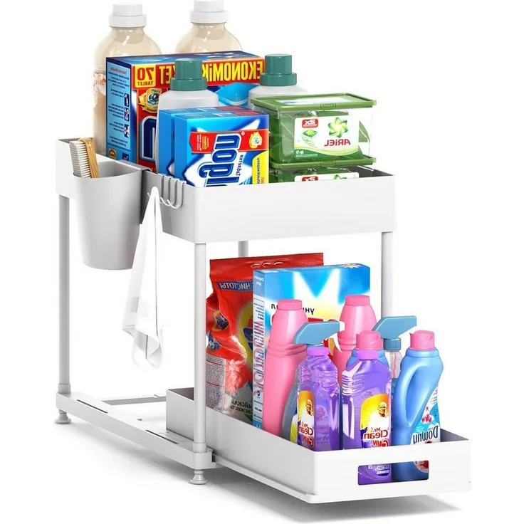 Refined Living Ablageregal Waschbecken Regal, Küchenschrank Organizer, Spülschrankregal Organizer, Lagerregal mit 2 Ebenen, mit Schiebeschublade, 4 Haken und 1 TassenSpülschrank Organizer, 1-tlg, Unter Waschbecken Regal,Arbeitsplatte Regal mit Schiebes...