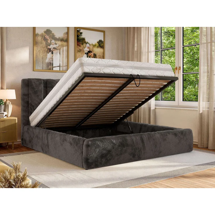 Polsterbett SAVINO CLASSIC mit Bettkasten und Lattenrost Doppelbett 140 x 200 cm mit hohem Kopfteil Stauraumbett Bett mit Gasdruckfeder - Dunkelgrau Plüsch - Multipocket Matratze - ELORI LUX – Bild 4