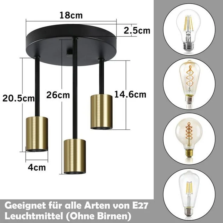 Nettlife Deckenleuchte Gold 3 Flammig Vintage Deckenlampe E27 Schwarz Hängend mit 3 Spots, LED wechselbar, für Esszimmer Küche Flur Wohnzimmer Bar Restaurant – Bild 4