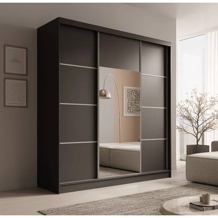 Schiebetürenschrank Schrank ALFA in Schwarz- Tür Applikation Silber 200x215x61 cm – Bild 1