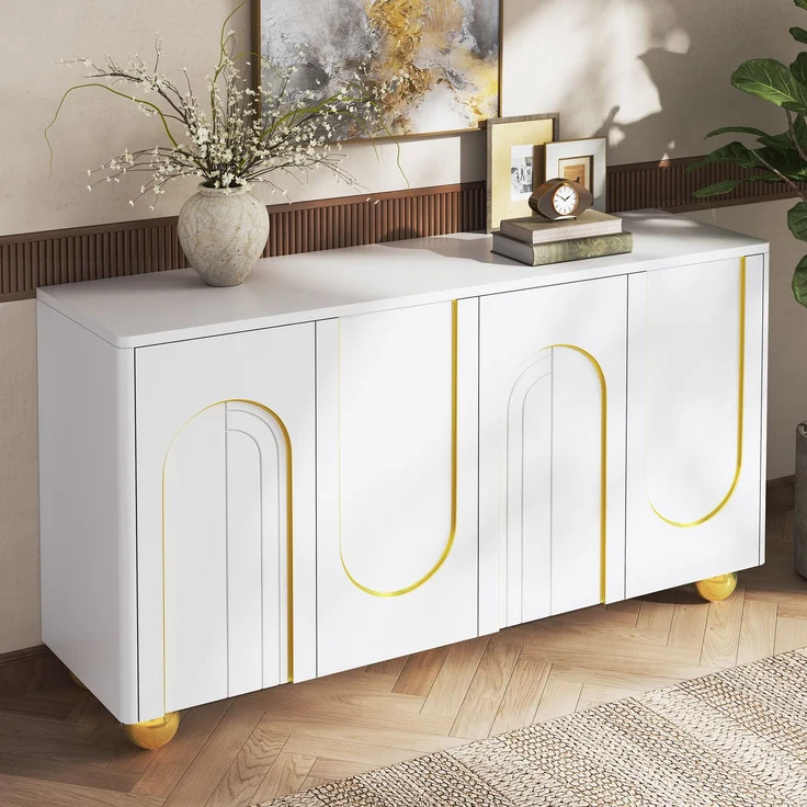 Merax Wohnzimmerschrank, Viertüriges Sideboard, Esszimmer Staurschrank mit Bogen-Goldlinien-Dekor, mit kugelförmigen Metallfüßen, Weiß – Bild 5