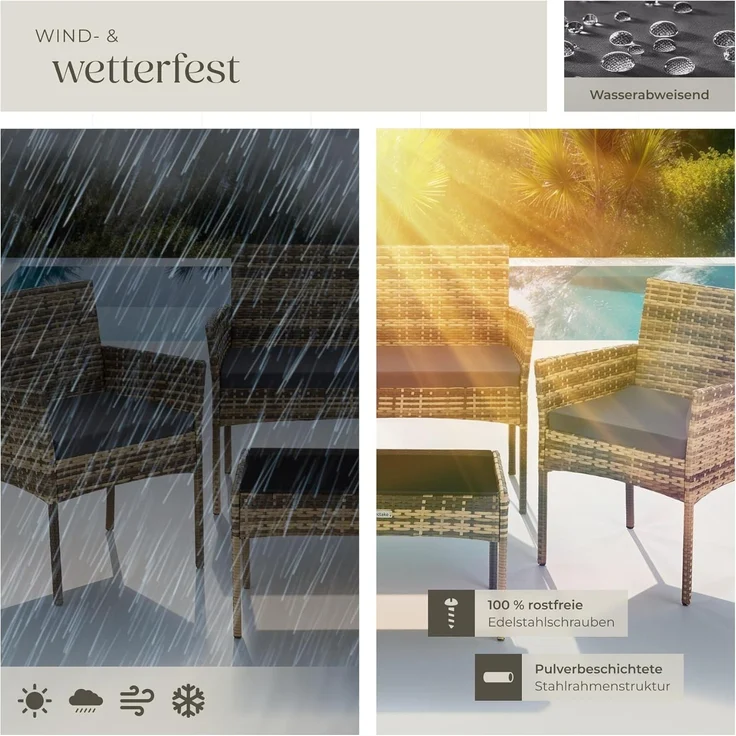 tectake Sitzgruppe Rattan Gartenset, (Set, 4-tlg), Wasserabweisende, abnehmbare und waschbare Polyesterbezüge – Bild 7