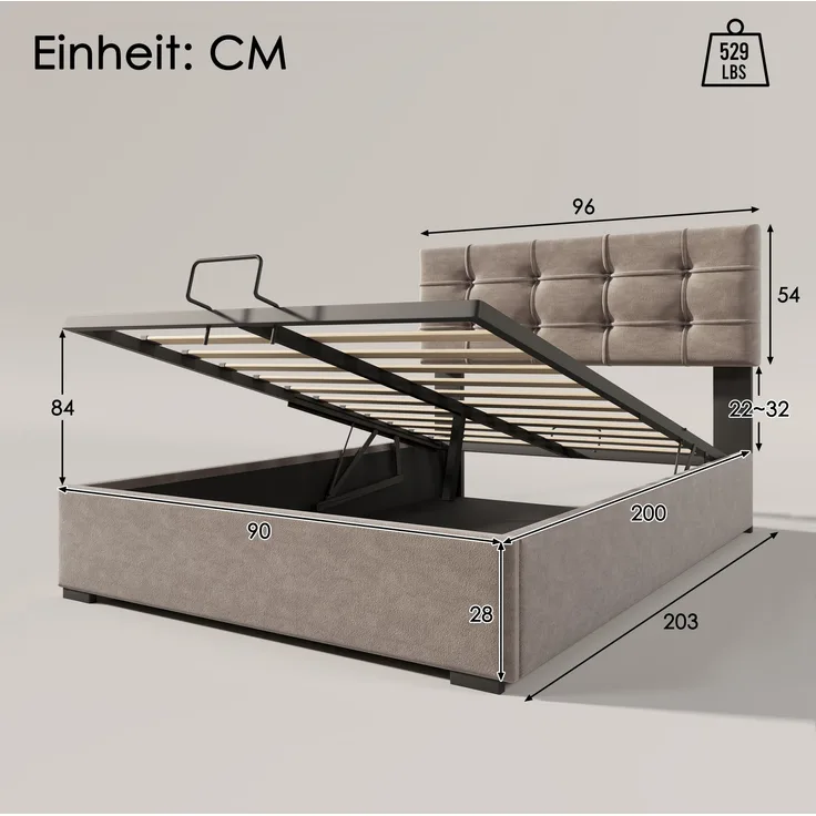 Polsterbett 90x200 cm aus Samt mit Stauraum und verstellbarem Kopfteil – modernes, komfortables Design