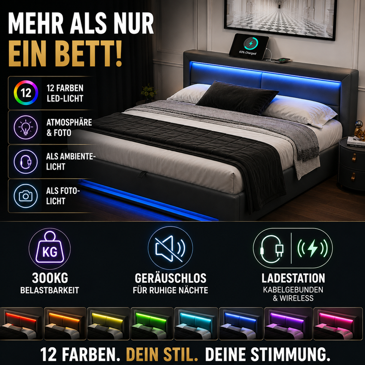ZUBALIYA Polsterbett 90 x 190 cm mit LED-Beleuchtung, USB-Anschluss, Lattenrost, Kunstleder (PU), Schwarz – Bild 20