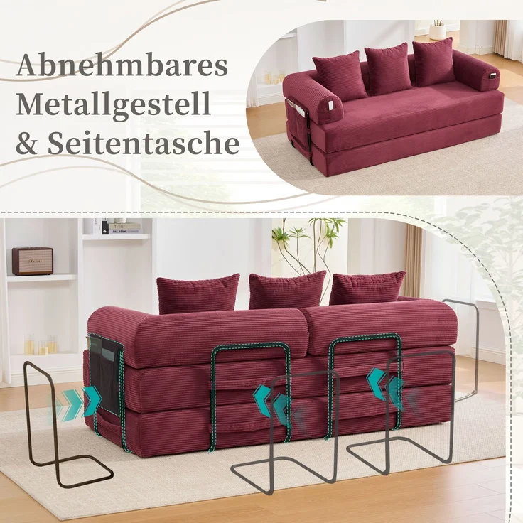 LVHOM Schlafsofa 3 Sitzer, Klappsofa mit Schlaffunktion, Bodensofa, Polstersofa aus CordStoff, Schlafcouch dauerschläfer, frei Kombination, 200x94x67 cm, Weinrot – Bild 7