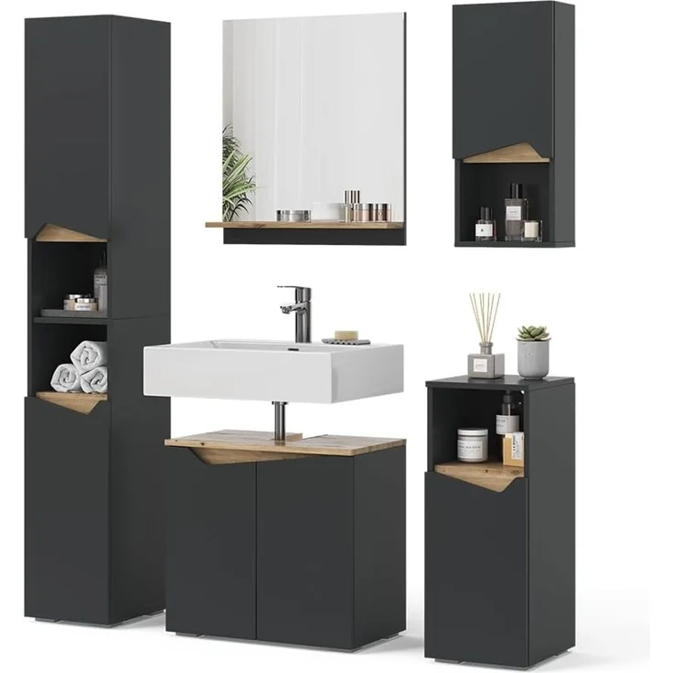 Badmöbel-Set Marelle Anthrazit/Artisan-Eiche 5-teilig Vicco – Bild 7