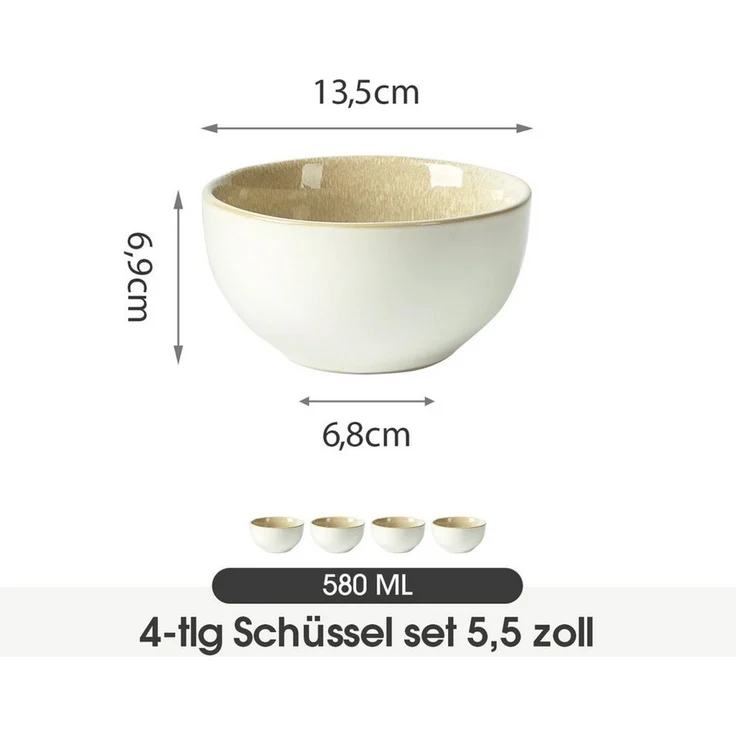 JIWOO Salatschüssel 4er Ø13.5cm, Müslischüssel Suppenschüssel Dessertschale Obstschale, Keramik, (Schüsselset, 4-tlg), Hochwertiges Schüsseln Braun Mikrowellen und spülmaschinenfest Ø13,5cm – Bild 1