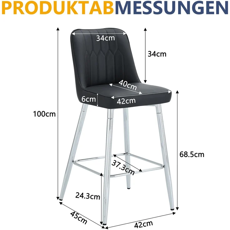 2er-Set Barhocker, 100 cm hoch, schwarzes PU-Leder mit silberfarbenem Metallgestell und bequemer Fußraste, In mehreren Farben erhältlich – die ideale Wahl für Ihre Hausbar.--Schwarz+Silber--42x45x100cm--YOUDENOVA – Bild 4