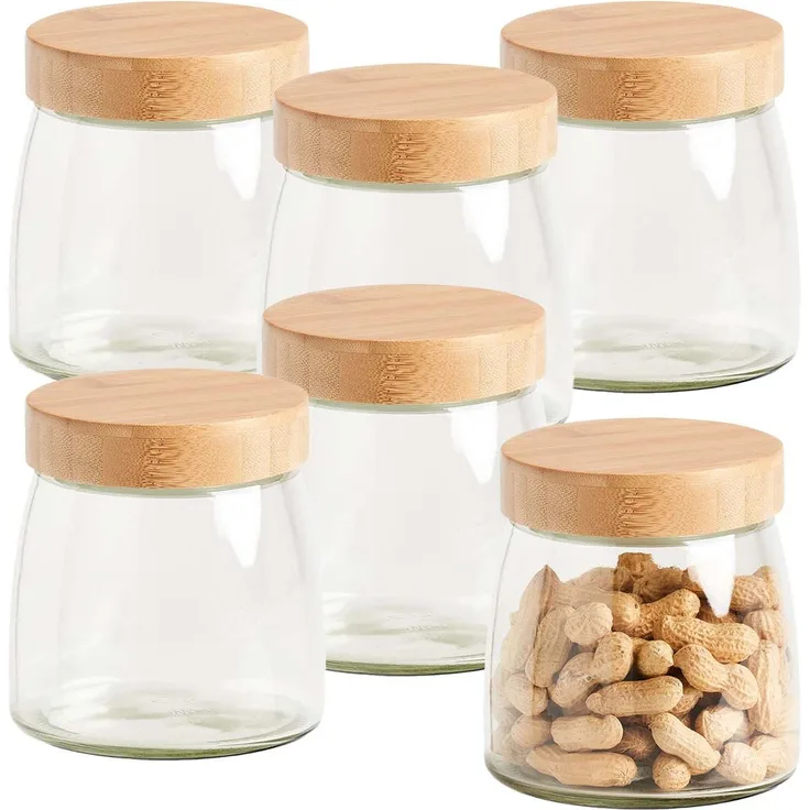 6er Set Vorratsglas mit Bambusdeckel - Ø 12,5 x 13 cm