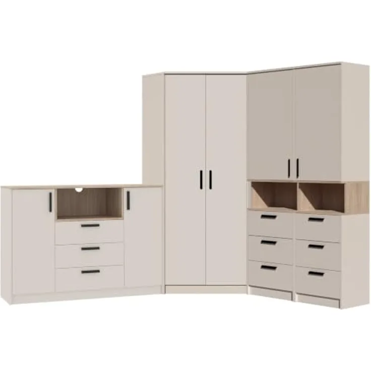 Marmex Möbel Grant Set-37C Eckschrank-Set bestehend aus einem Schrank, einem Regal und einer Kommode, laminierte Spanplatte, graubeige cashmere+cremona torro 228/195x195x40 cm