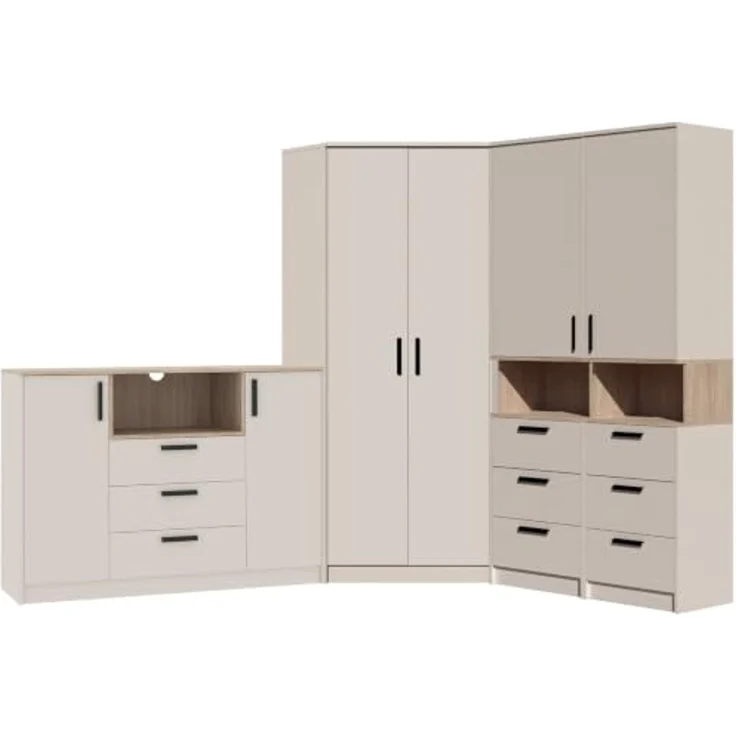 Marmex Möbel Grant Set-37C Eckschrank-Set bestehend aus einem Schrank, einem Regal und einer Kommode, laminierte Spanplatte, graubeige cashmere+cremona torro 228/195x195x40 cm – Bild 1