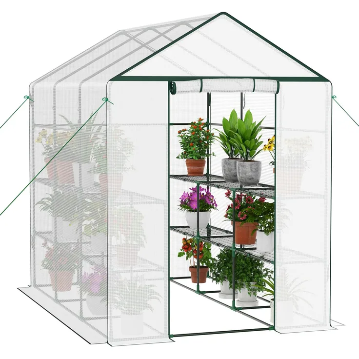 Ribelli Foliengewächshaus, Gewächshaus mit Aufrollbarer Tür, Tomatengewächshaus 143 x 195 x 213 cm, 4 Regale Treibhaus, Winterfest PE-Gitterfolie, Gartenhaus für Pflanzen, Gemüse, Blumen, Weiß