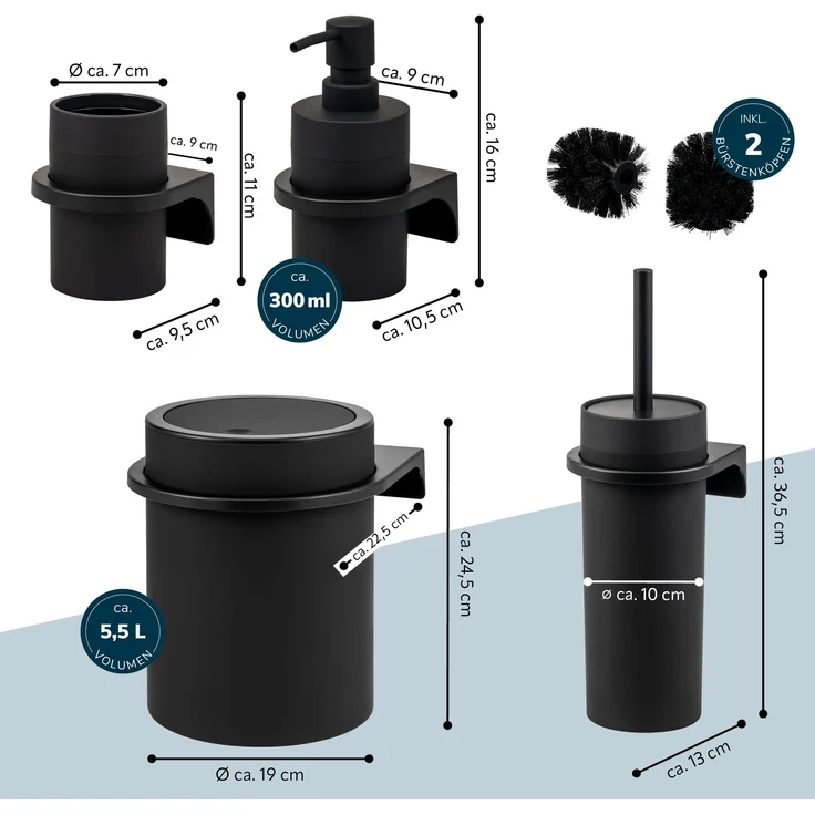 bremermann Bad-Accessoires Set SAVONA 4tlg. bestehend aus 1x Seifenspender, 1x Becher, 1x WC-Garnitur, 1x Kosmetikeimer aus Kunststoff in Schwarz – Bild 7