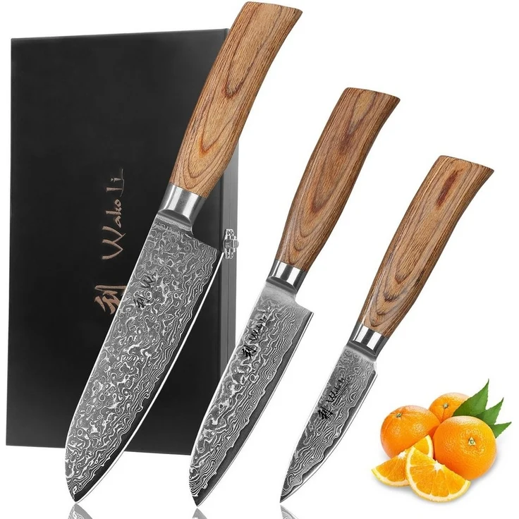 Wakoli Messer-Set Edib Pro 3 Damastmesser I Kochmesser Küchenmesser I 8-16cm Klinge (Damastmesser mit Geschenkbox, 3-tlg, 3er Damastmesser-Set mit Holzbox), 67 Lagen Damaststahl, VG-10 Stahlkern – Bild 5