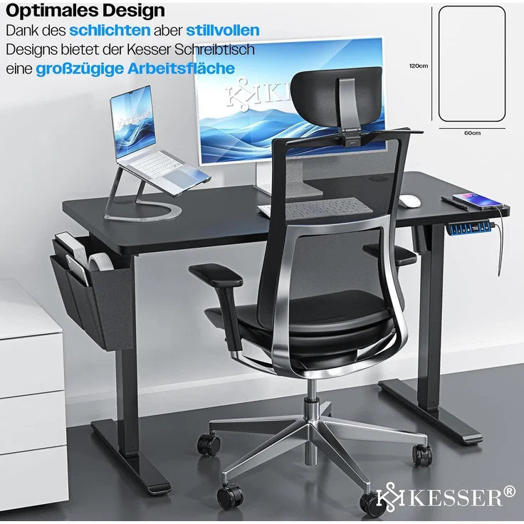 KESSER® Höhenverstellbarer Schreibtisch elektrisch | Ergonomisch Steh-Sitz Schreibtisch | 3-Funktions-Memory Steuerung | Inkl. 360° Rollen & USB-Ladeanschluss | Computertisch für Homeoffice Schwarz, 120 x 60 cm – Bild 3