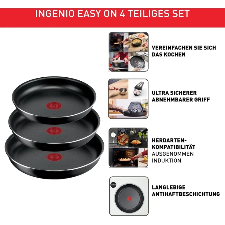 Tefal Ingenio Easy On 4-tlg. Kochgeschirr-Set, 3x Pfannen (22, 24, 26 cm), 1x abnehmbarer Griff, kompakt, stapelbar, Antihaftbeschichtung, Thermo-Signal Temperaturanzeiger, Schwarz, L1599043 – Bild 3