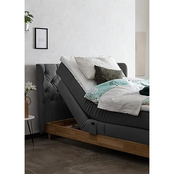 Belanoti Boxspringbett EON (Boxspringbett 180x200 elektrisch verstellbar Bett 180x200 mit Motor, 7-Zonen Taschenfederkern Matratze inklusive Visco Topper), in der Farbe Anthrazit H2/H3 Polsterbett Motorbett mit Eiche – Bild 7