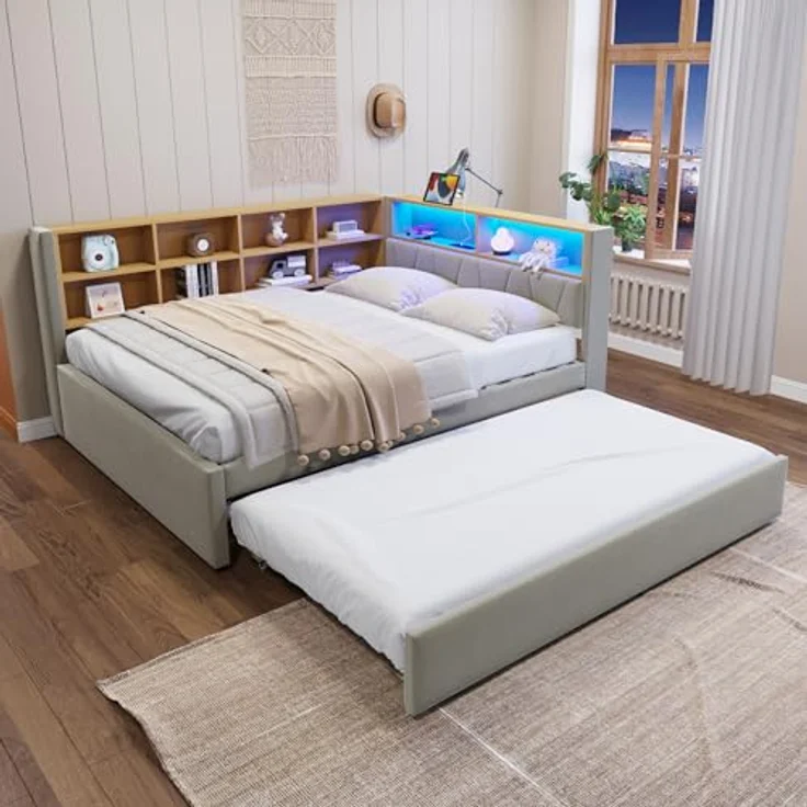 Ball & Cast Schlafsofa (140x200cm & 90 * 190cm) Tagesbett mit USB-Anschlüssen und Leuchten, Einzelbett mit Mehreren Ablagefächern, Ohne Matratze, Hellgrau – Bild 8