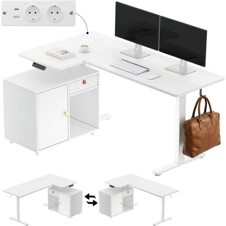 HOMALL Eckschreibtisch L-förmig Höhenverstellbarer schreibtisch mit Schrank und Schublade (Maße: 148 x 80 cm, mit integrierter Steckdose und USB-Anschluss, großzügiger Stauraum: mit Schubladen, Schränken und offenen Ablagefächern, maximale Tragkraft 70...