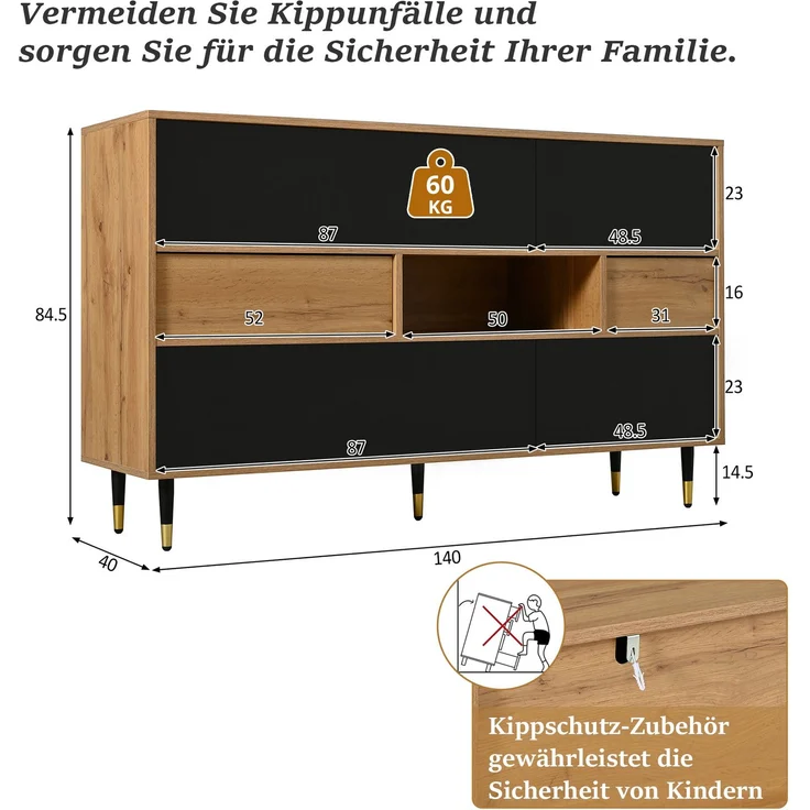 Sideboard aus MDF und PB mit 2 Schubladen, Klapptüren & offenem Fach, 140 x 40 x 84,5 cm, Natur/Schwarz – Bild 8