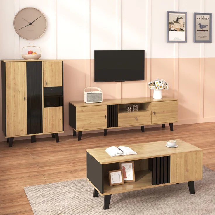 Wohnzimmermöbel-Set 3-teilig mit Glas & Stauraum, 100x60x45 cm / 170x40x50,5 cm, Schwarz-Holz – Bild 3