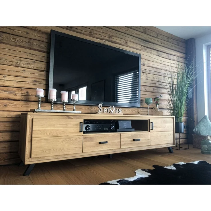 Woodline Massivholz Lowboard BERN 213 cm aus geölter Wildeiche Modern Natur 213x45x56,5 cm – Bild 2