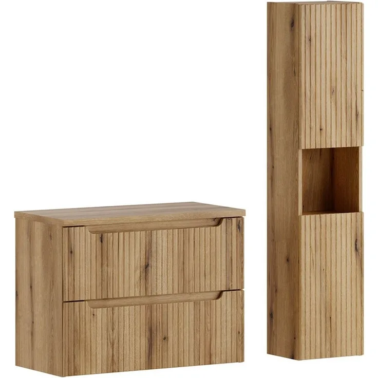 Lomadox Badmöbel-Set NEWPORT-56-EVOKE, (Spar-Set, 2-St, Waschtischunterschrank Hochschrank), in Eiche mit gerillter Front