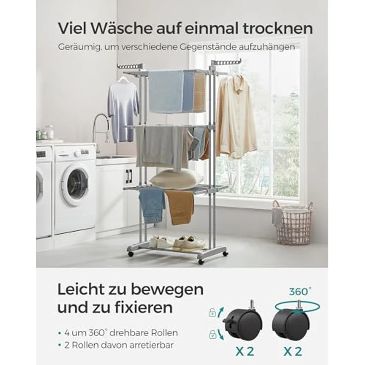 SONGMICS Wäscheständer, Standtrockner 4 Ebenen, Flügelwäscheständer, klappbare Flügel, mit Rollen, 63,5 x 128 x 173 cm, groß, einfacher Aufbau, Taubengrau LLR701G01 – Bild 3