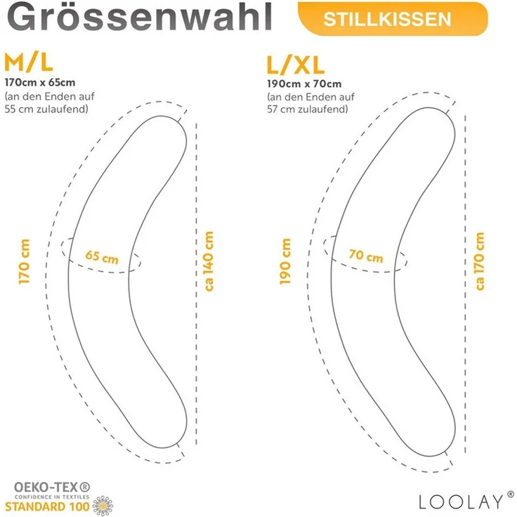 Loolay Seitenschläferkissen M/ L oder L/ XL Schwangerschaftskissen Stillkissen Schlafen Kissen, M/ L oder L/ XL Lagerungskissen + 100% Baumwolle Bezug 170 und 190 cm, Standard & X-LARGE Kissen SUPER Geschenk für Schwangern Seitenschläfer, LOOLAY® - 100... – Bild 2
