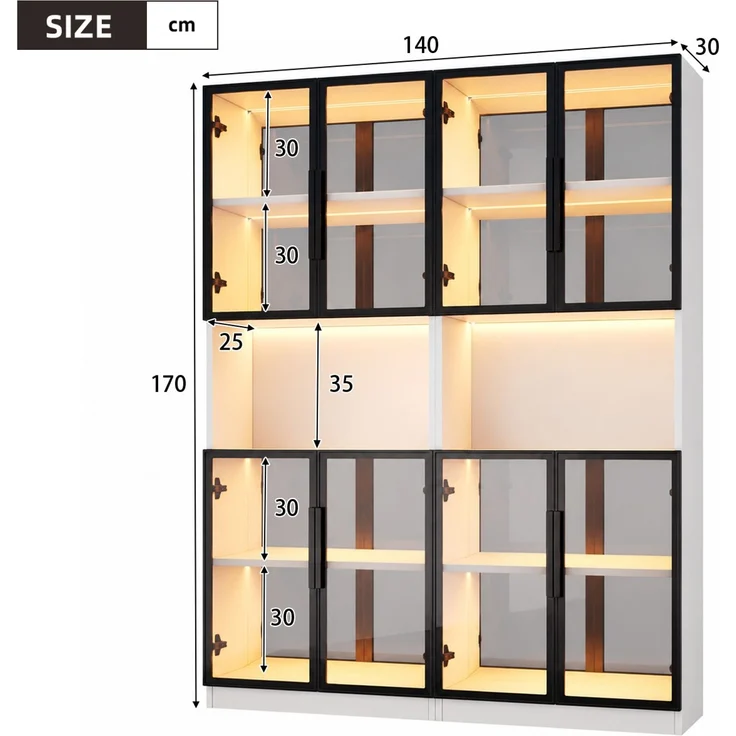 Vitrinenschrank-Set 140x30x170 cm mit LED, Spiegelrückwand und grauen ESG-Glastüren – Bild 5